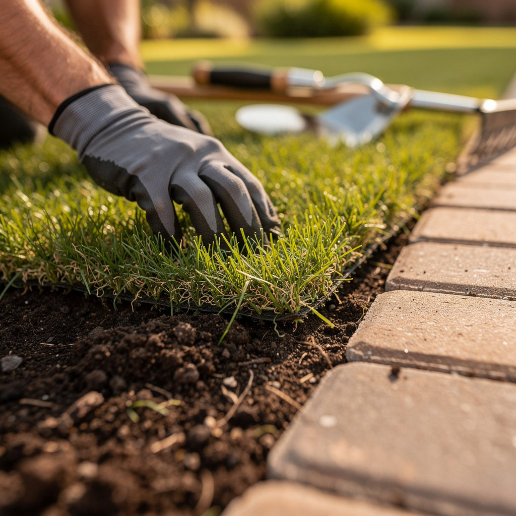 Camel Landscaping professional team installing a stone patio in Bastrop, TX